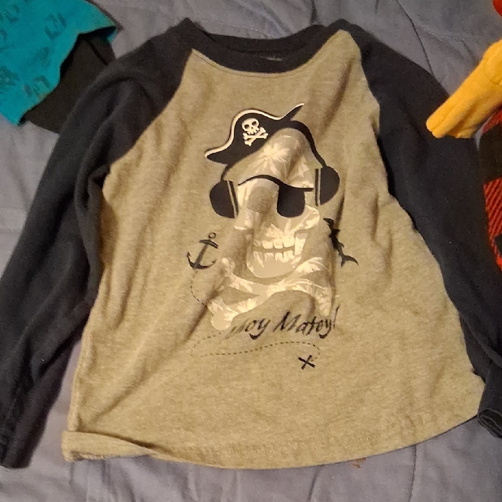Gray and Black Long Sleeve Raglan Tee with Pirate Dog Design